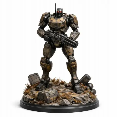 A detailed sci-fi robot figure standing on a rocky base, holding a large weapon.