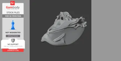 3D model of a prehistoric animal skull with detailed jaw and teeth, suitable for printing.
