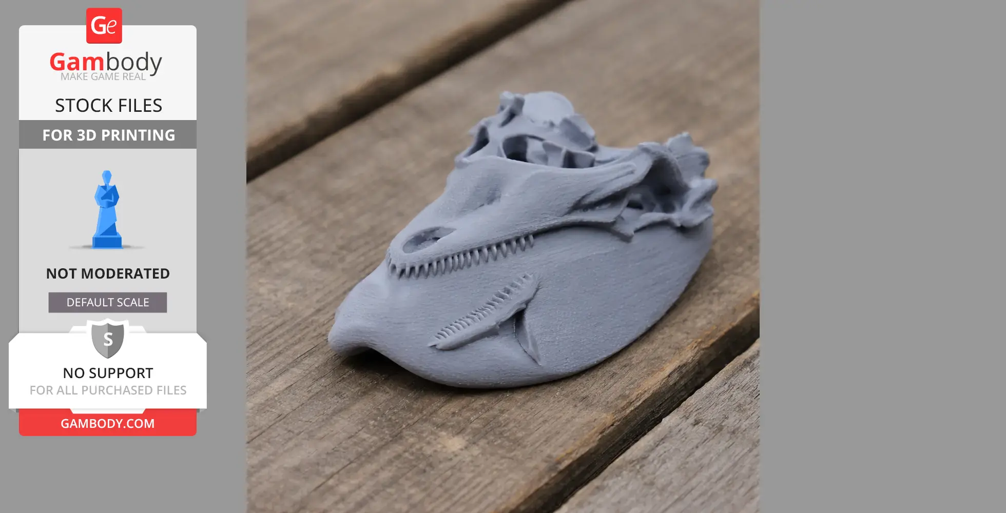 3D printed model of a prehistoric animal skull, detailed with visible teeth and eye sockets, on a wooden surface.