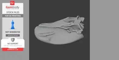 3D model of a prehistoric animal skull with detailed ridges and jaw outline.