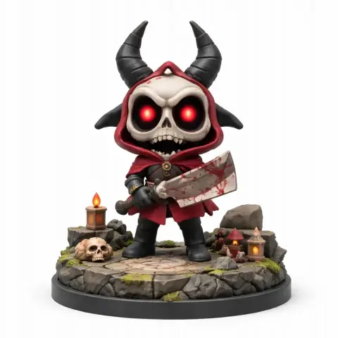 Hooded figure with horns, skull face, glowing red eyes, holding a bloodied cleaver on a rocky base.