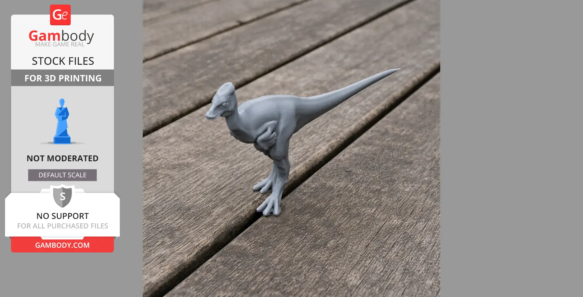 A 3D-printed model of a small, bipedal prehistoric dinosaur with a long tail, standing on a wooden surface.