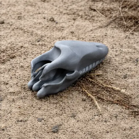3D-printed Pakicetus attocki skull replica resting on sand.