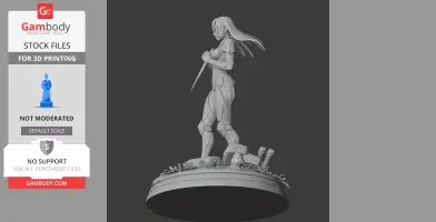 Armored figure with long hair, holding a weapon, standing on a detailed base.