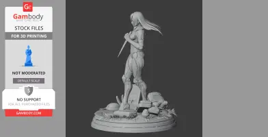 Armored character figure with long hair, holding a sword, standing on a detailed base.