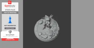 Armored figure with dynamic pose on detailed round base, accessories scattered around.
