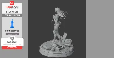 Armored female figure with flowing hair on a detailed base, designed for 3D printing.