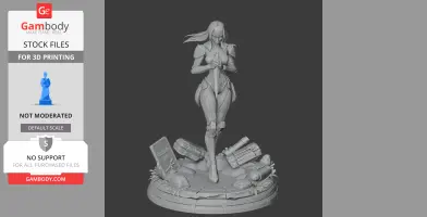Armored female character figure standing with a sword, on a detailed base with debris and grass elements.