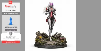 A futuristic armored figure with purple lights stands on a detailed base with rocks and caution sign.