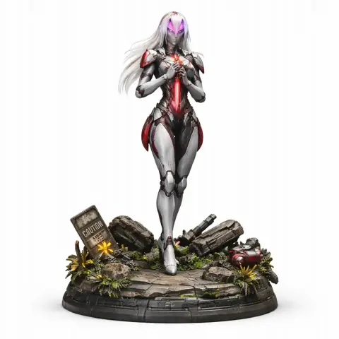 Futuristic armored figure with glowing mask and white hair, standing on a detailed rocky base with warning sign.