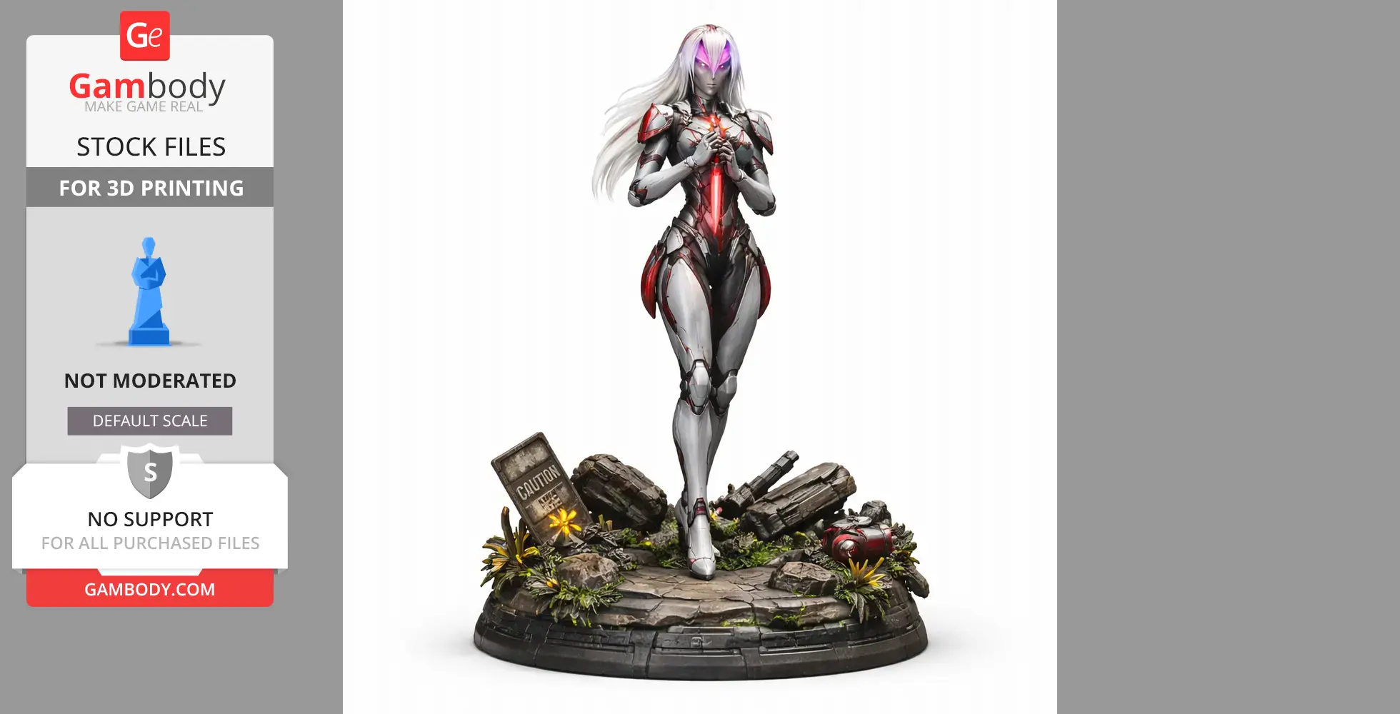 A futuristic armored figure with purple lights stands on a detailed base with rocks and caution sign.