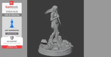 Armored character figure with flowing hair, standing on a detailed base with debris and vegetation.