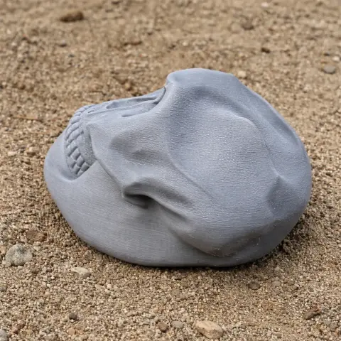 Gray 3D-printed replica of a skull, resembling prehistoric design, lying on sandy ground.