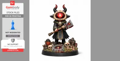 A horned figure with a large eye, holding a bloody axe, surrounded by skulls and lanterns on a detailed base.