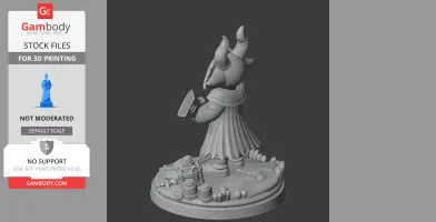 Horned figure in flowing robe holding a book, standing on a decorated base with various items.