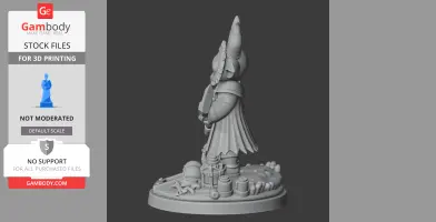 A cloaked figure holding a sword, standing on a detailed base with skulls and objects.