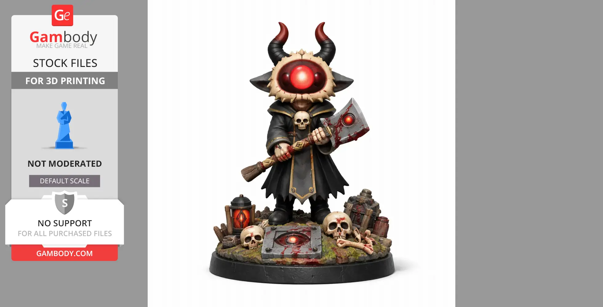 A horned figure with a large eye, holding a bloody axe, surrounded by skulls and lanterns on a detailed base.