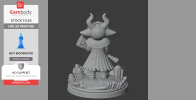 Horned character figure with cloak and axe, standing on a base with objects. 3D print model.
