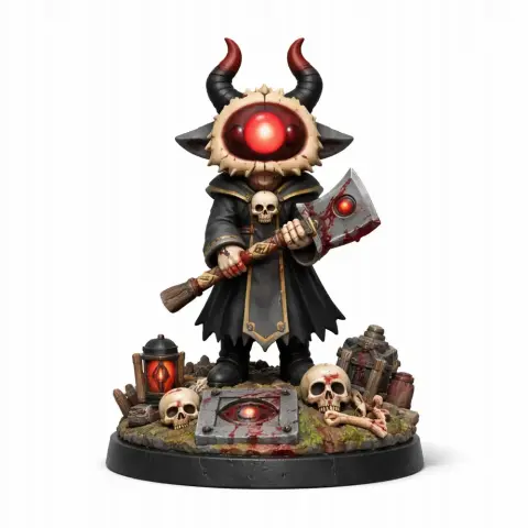 Hooded figure with red eyes and horns, holding an axe, surrounded by skulls on a detailed base.