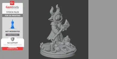 Horned figure with an ax and cloak stands on a base with skulls and objects. 3D model for printing.