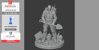 A detailed soldier figure with tactical gear and a shovel, standing on a base with various equipment.