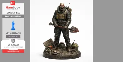 A menacing figure in tactical gear holding a bloody shovel, standing on a detailed base with warning sign and gear.