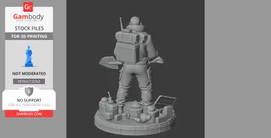 Character figure with a backpack, tools, and radio on a detailed base with supplies.