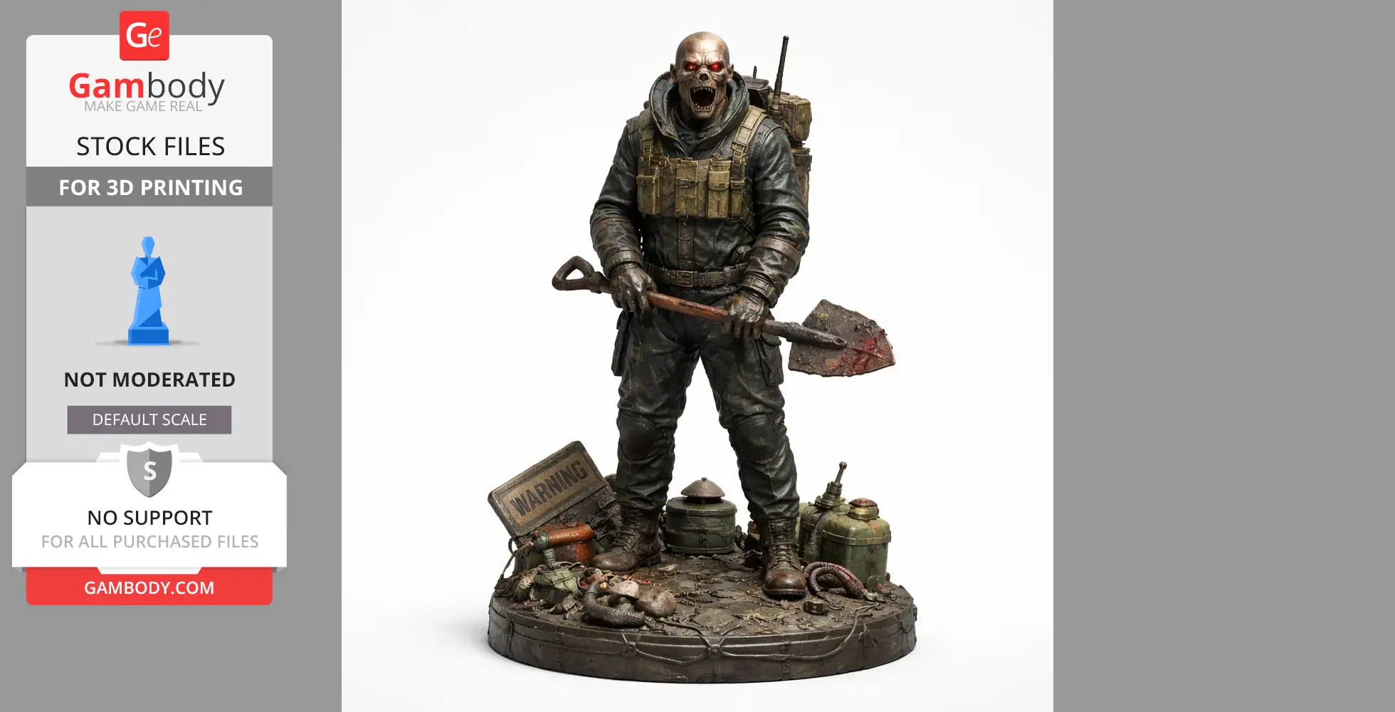 A menacing figure in tactical gear holding a bloody shovel, standing on a detailed base with warning sign and gear.