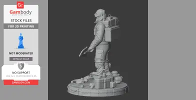 A rugged character figure with backpack and tool, standing on a detailed base with scattered objects.