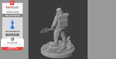 A rugged figure with a backpack and weapon stands on a gear-embellished base, ready for 3D printing.