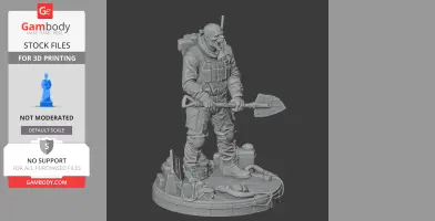 A detailed 3D character figure of a person in tactical gear with a shovel, standing on a decorated base.