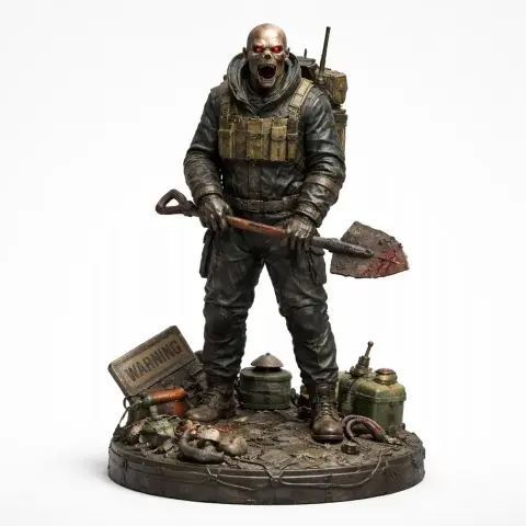 A menacing figure in tactical gear holding a shovel, standing on a base with equipment and a warning sign.