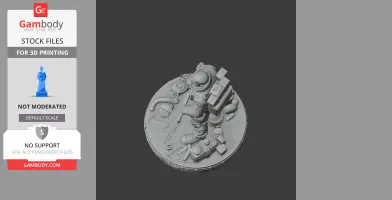 3D model of a figure in a spacesuit with a backpack, standing on a base with scattered objects.