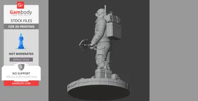 A detailed 3D model of a bearded figure with gear, holding an axe, standing on a textured base.