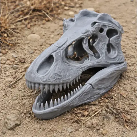3D-printed dinosaur skull model on sandy ground.