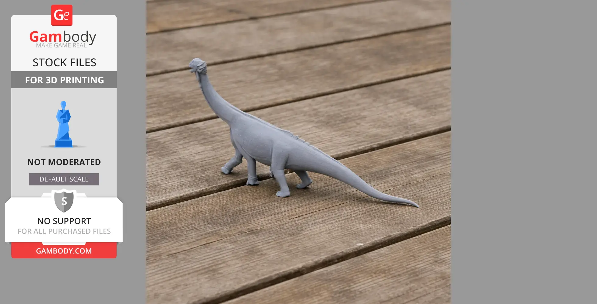 A 3D-printed model of a long-necked prehistoric animal on a wooden surface.