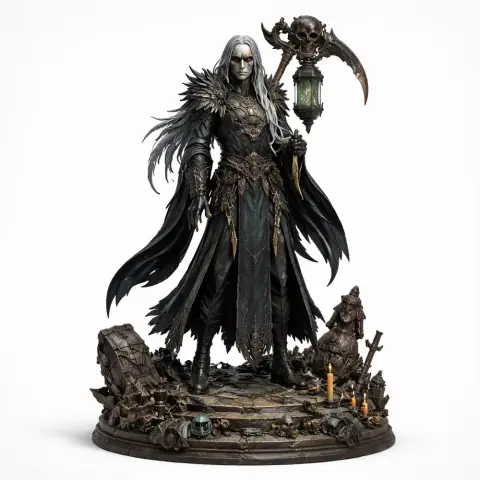 Imposing figure with long hair, holding a lantern and scythe, standing on a detailed fantasy base.