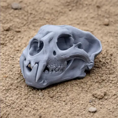 Gray 3D-printed Palaeoscincus skull model resting on sandy ground.