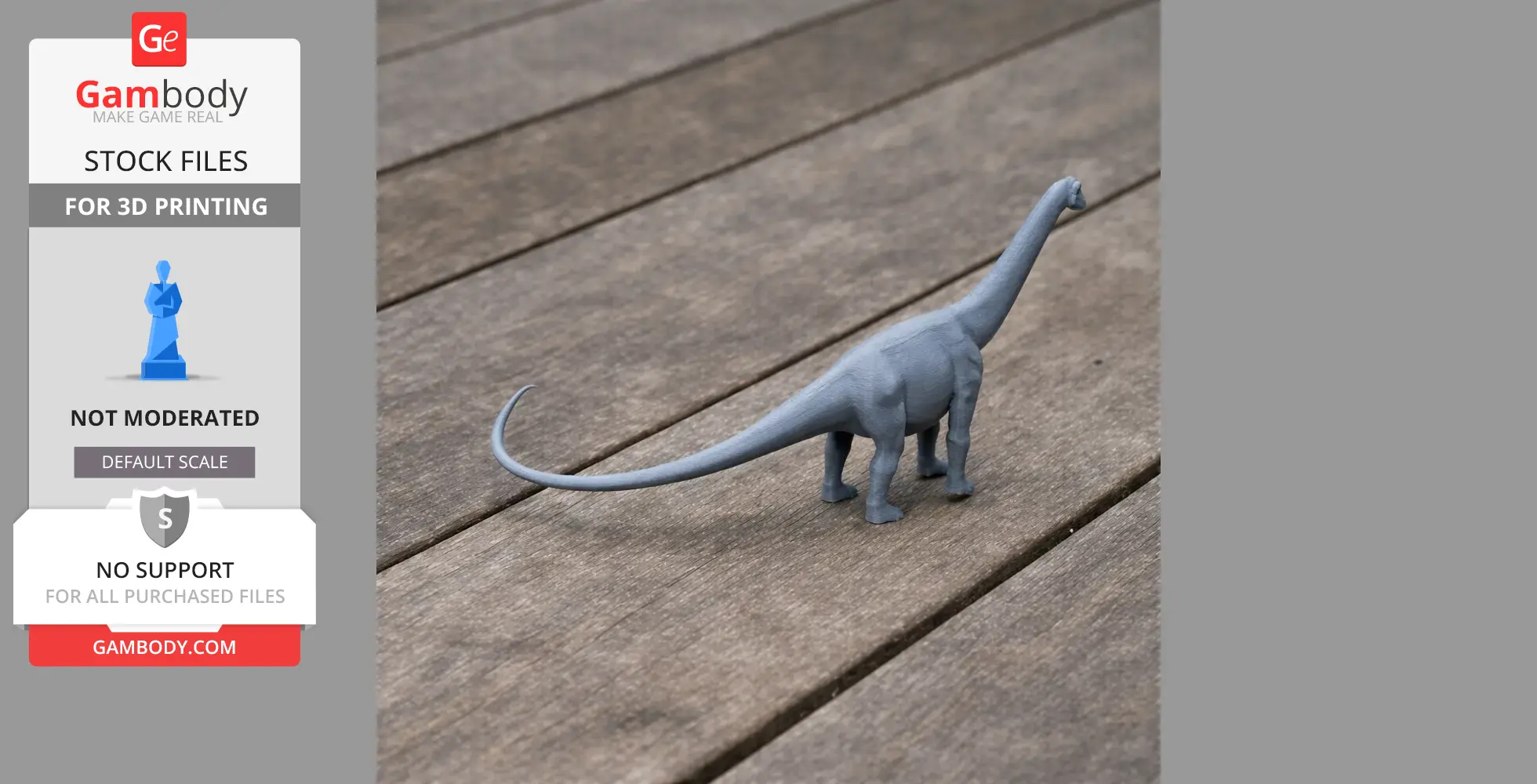 Gray 3D-printed long-necked dinosaur model on wooden surface.