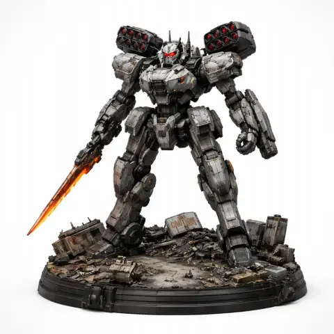 Armored mech with missile launchers and energy sword, standing on debris base.