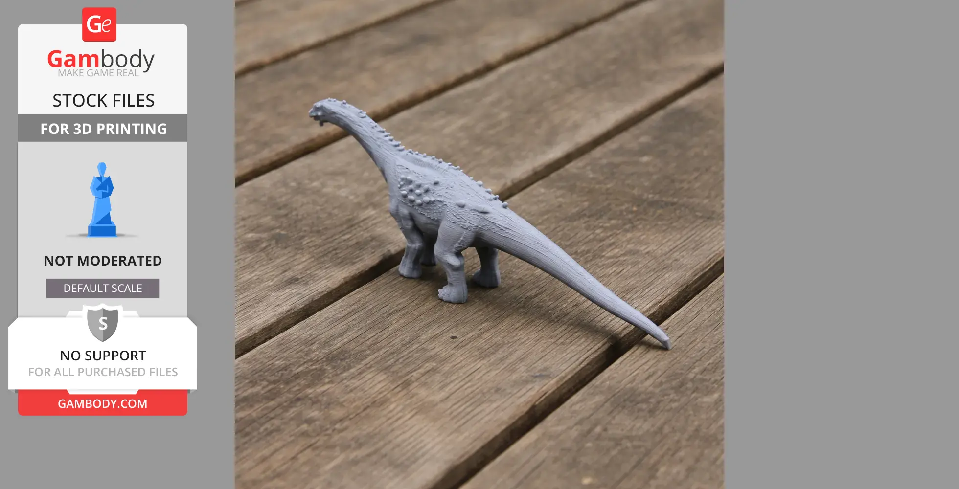 A gray 3D-printed model of an Ampelosaurus dinosaur on a wooden surface.