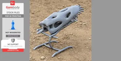 3D-printed paleosaurus skull replica on a sandy surface with a metal stand.