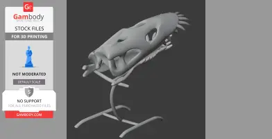 3D model of a Paleosaurus skull replica on a sleek stand for 3D printing.