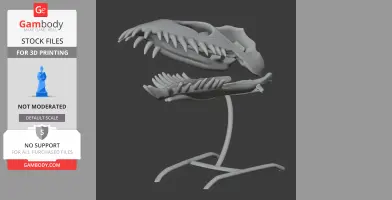 3D model of a Paleosaurus skull replica on a stand, featuring sharp teeth and open jaws.