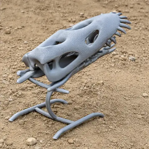 3D-printed paleosaurus skull replica on a stand, displayed on a sandy surface.