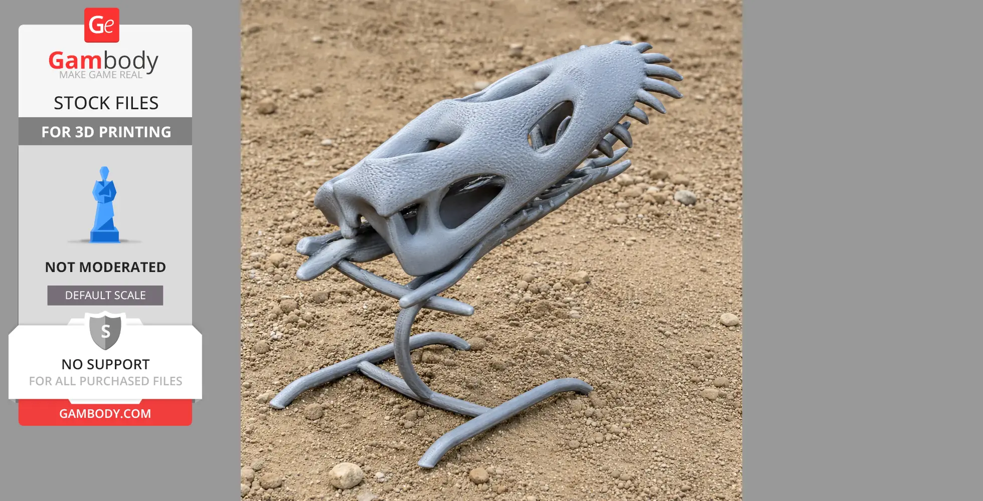 3D-printed paleosaurus skull replica on a sandy surface with a metal stand.