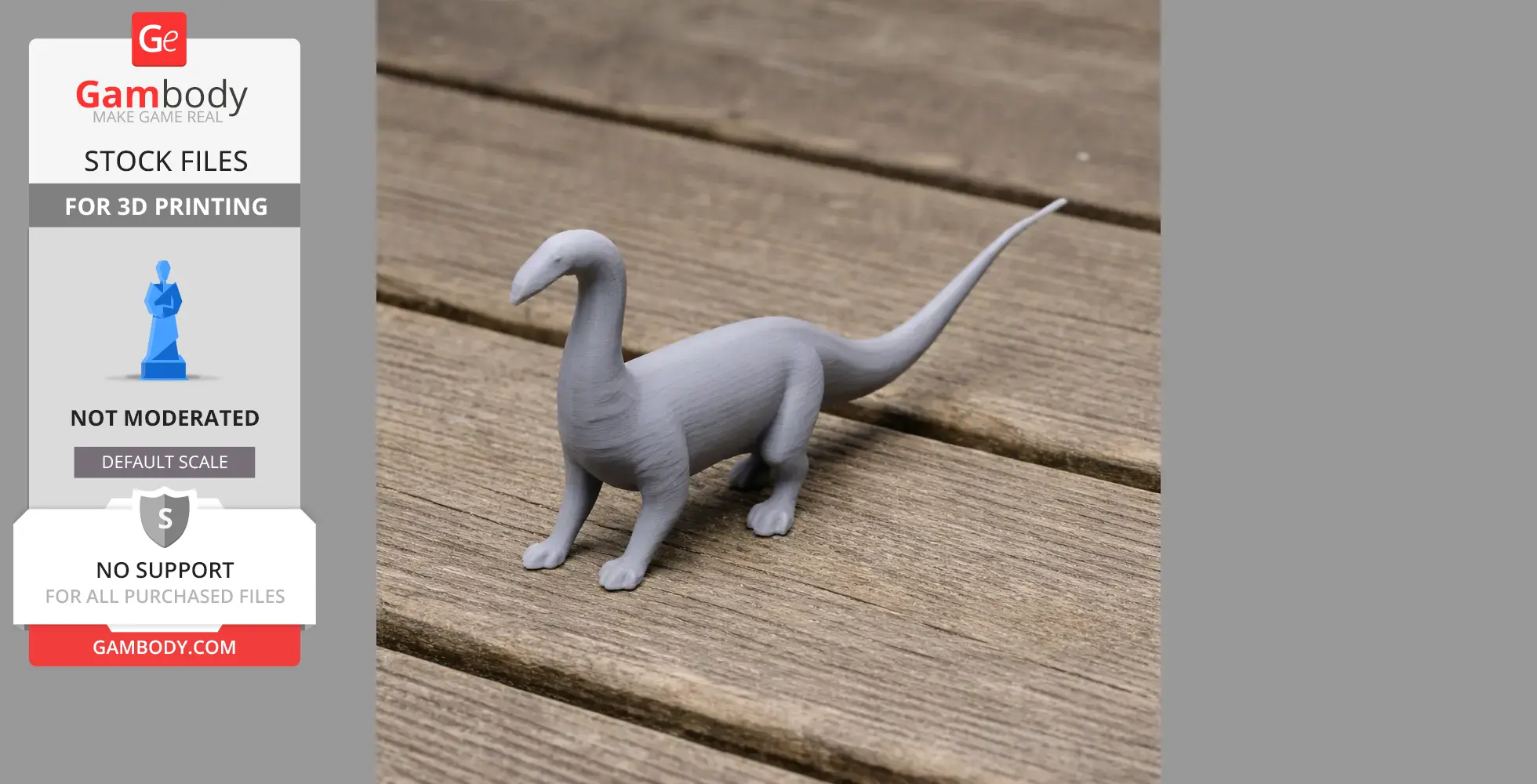 Gray 3D printed model of a long-necked dinosaur, Amphicoelicaudia, on a wooden surface.