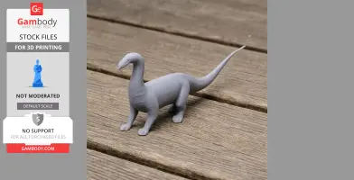 Gray 3D printed model of a long-necked dinosaur, Amphicoelicaudia, on a wooden surface.