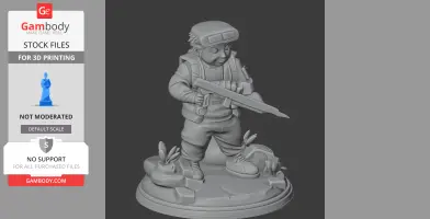 A 3D model of a diver in gear holding a spear, standing on a base with plants and rocks.