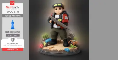 A stylized diver character figure holding a sword, standing on a decorated base with rocks and plants.